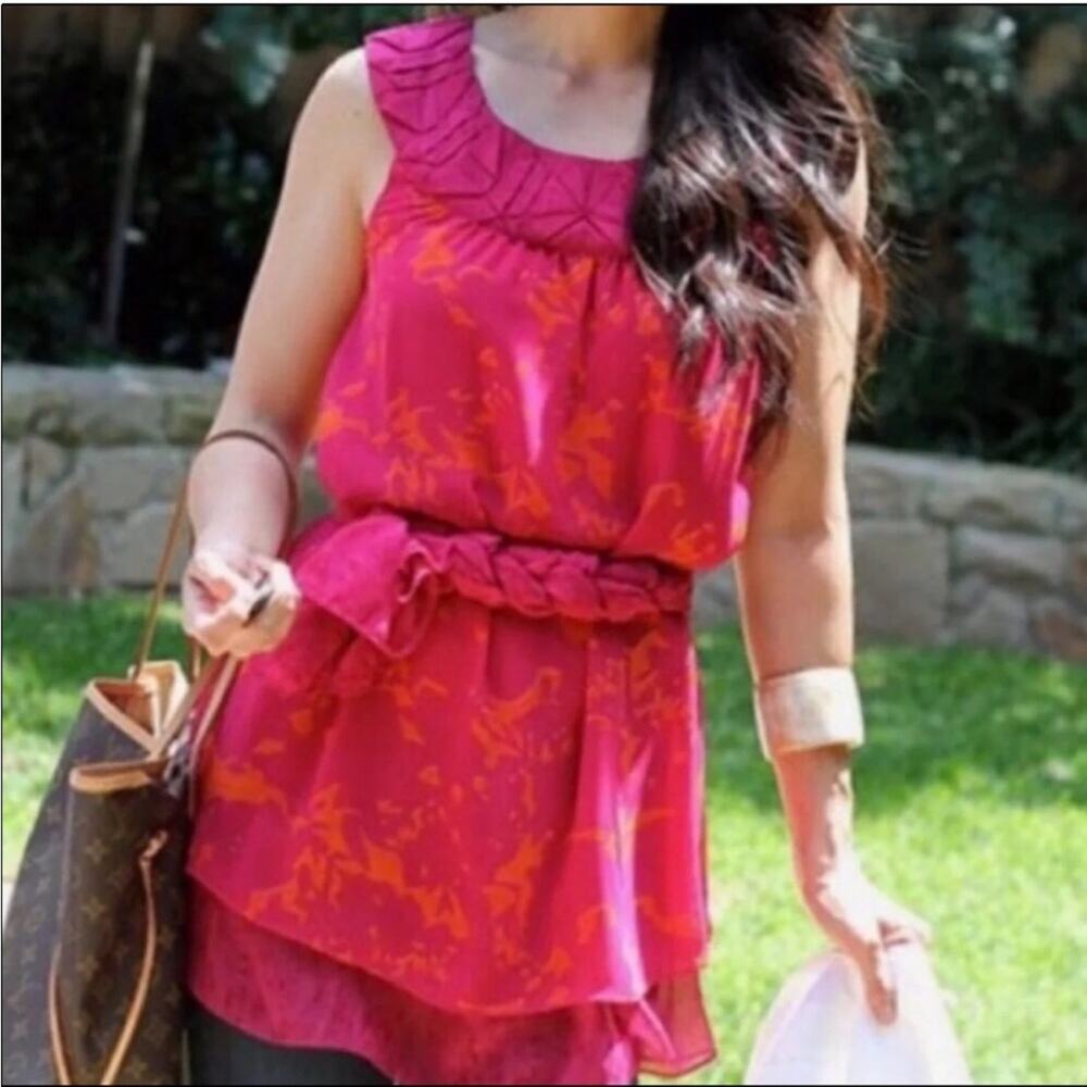 Cabi Origami pink orange floral woven collar sleeveless tunic top size Small 999